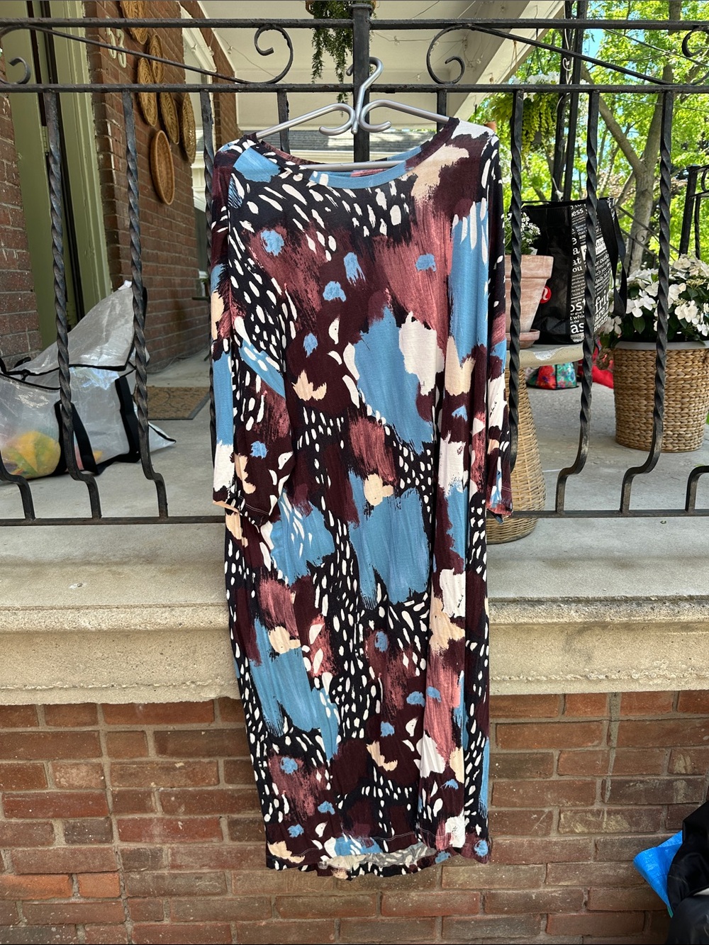 Monki Abstract Brushstroke Midi Skirt in Blue, Brown and Cream